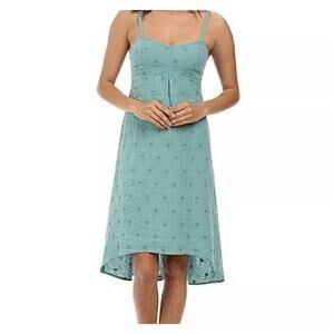 Tommy Bahama 100% Linen Dress Womens L Teal Tropical Hawaiian Vacation Hi Low